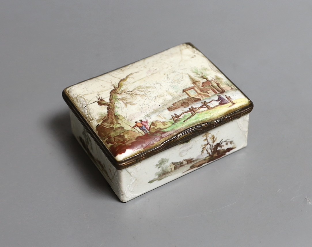 An 18th century German enamel on copper snuff box, 8.5 cms wide x x7cms